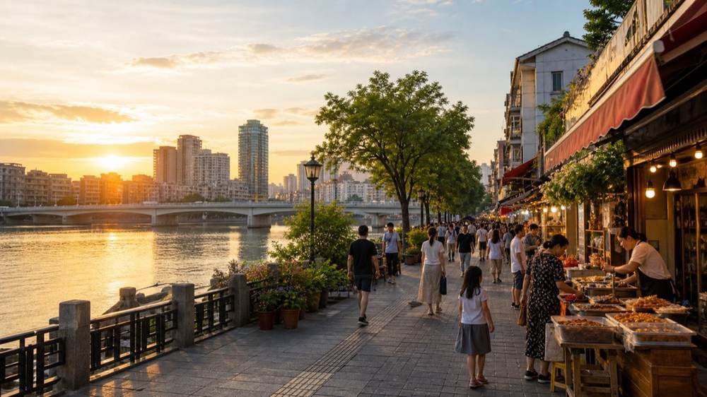 温州鹿城江滨路的江岸与街区生活场景